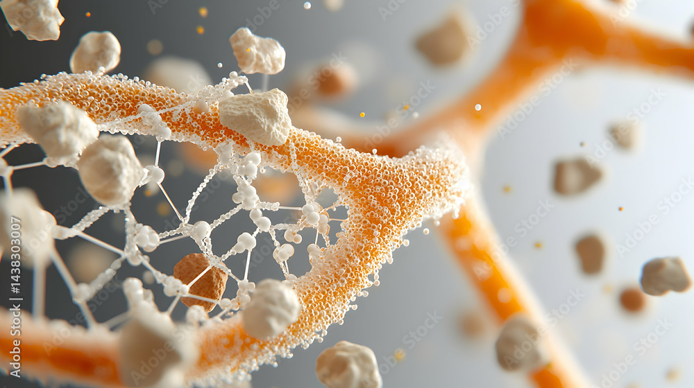 Poster an abstract biological illustration featuring cellular structures and particles. suitable for scient