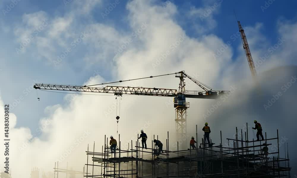 Poster construction site with cranes, scaffolding, and half-built structures, workers in the background wea