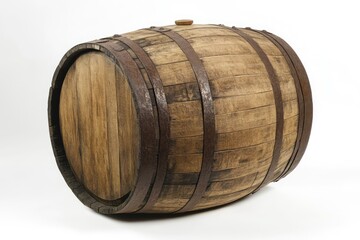 Aged wooden barrel with metal bands, side view