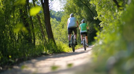 Obraz premium Active older adults cycling in a beautiful outdoor setting, promoting health and friendship