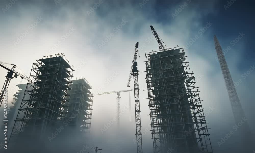 Poster construction site with cranes, scaffolding, and half-built structures, workers in the background wea