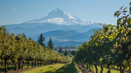 Fototapeta premium Orchard, mountain view, autumn harvest, scenic, background
