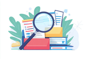 Stack of job applications with folders and magnifying glass on a white background