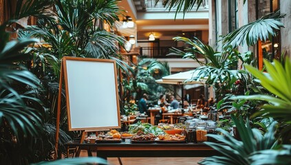 Blank signboard at tropical buffet in atrium