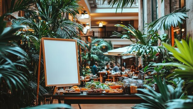 Blank signboard at tropical buffet in atrium