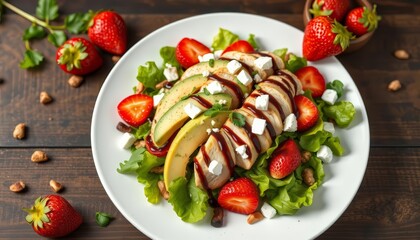 Fresh strawberry chicken salad with avocado, feta, lettuce, nuts & balsamic glaze Top view,  culinary photography, lettuce
