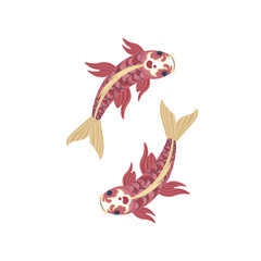 Red and gold koi carps swimming in flat design. Japanese traditional fish. Vector illustration isolated.