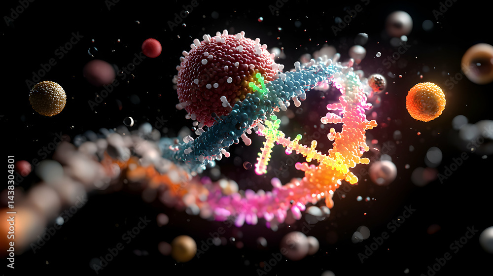 Poster a colorful microscopic view of a virus and its interaction with cellular structures. useful for educ