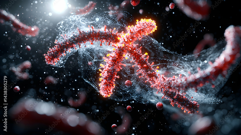 Poster a vibrant microscopic view showcasing a complex viral structure. this image is suitable for educatio