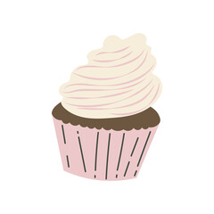 Pink cupcake with whipped cream in flat design. Sweet bakery dessert. Vector illustration isolated.