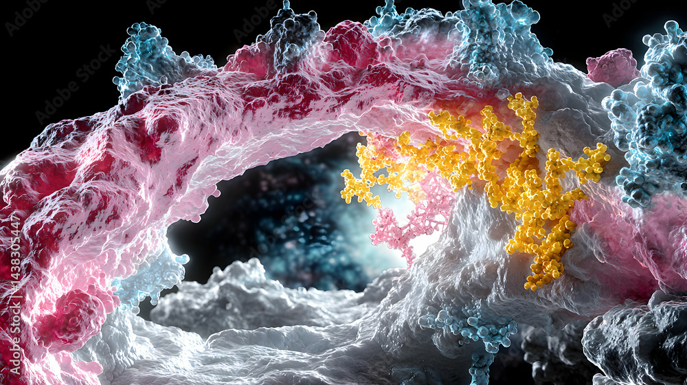 Poster this image displays a microscopic view of biological structures such as proteins or cells. it could 
