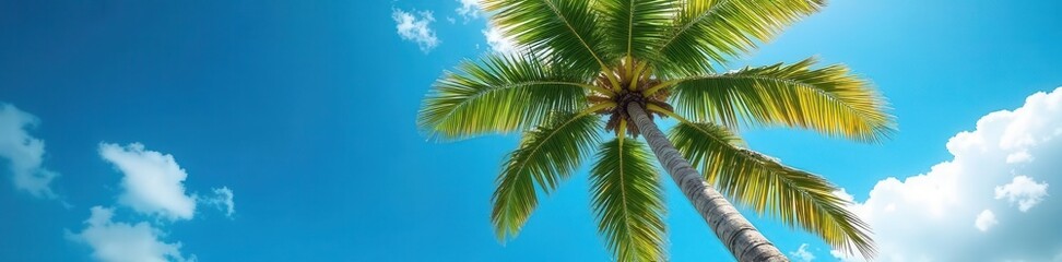 Obraz premium Upward view of lush palm tree against Maldives sky , palm, photography