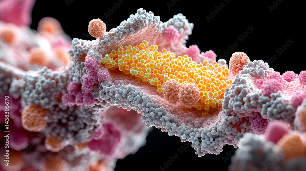 Poster a colorful detailed microscopic rendering of biological structures. suggests use in scientific publi