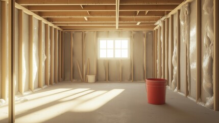 A basement under construction, featuring light beige concrete floor, light-tan wooden framing, insulating white material wrapped around supports, a small window, and a red plastic bucket on the floor