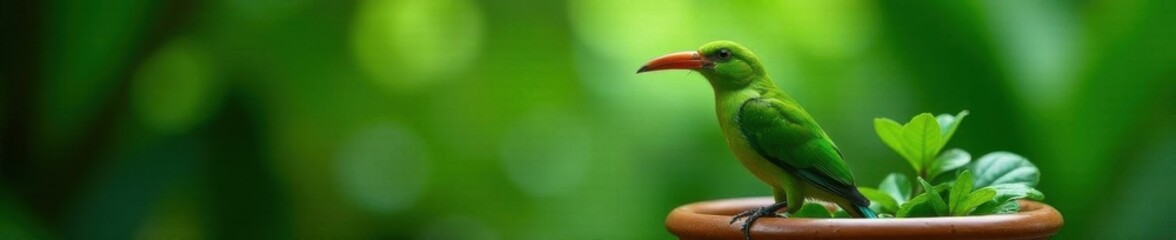 Vibrant green Bird of Paradise, lush foliage in ceramic pot , lush, bright green, home