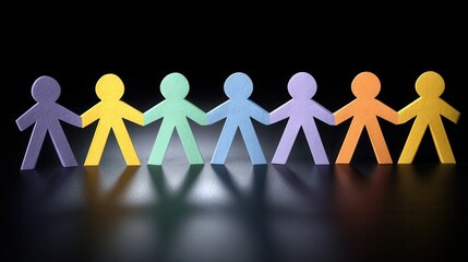 Colorful paper chain figures casting shadows community gathering art installation indoor space close-up view unity concept