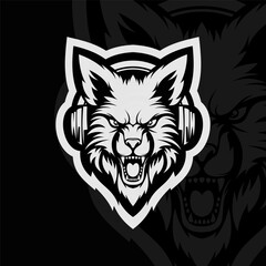 Angry wolf with headphone mascot animal esport character, black white
