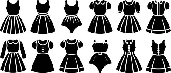 Vector illustration featuring various dress designs in simple black silhouettes