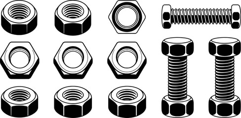 Black and white vector illustration of nuts and bolts various types construction hardware