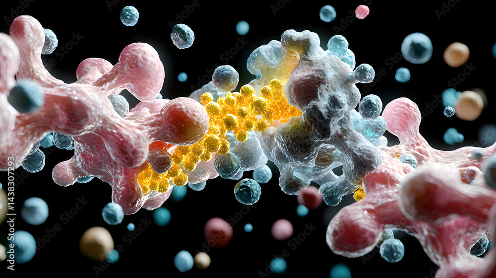 Poster an artistic representation of cellular structures possibly depicting biological processes like immun