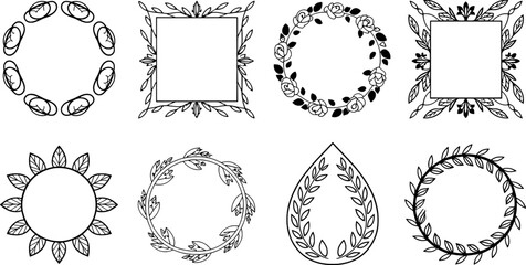Fototapeta premium Collection of decorative floral frames and wreaths in black and white