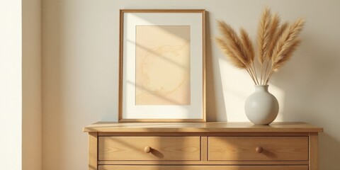Sunlit minimalist home decor with wooden chest of drawers, framed artwork, and pampas grass in a vase