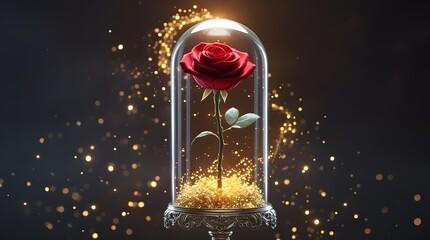Enchanted red rose encased in a glass dome with glowing golden particles