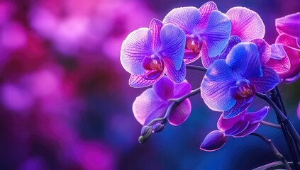Fototapeta na wymiar Vibrant purple and blue orchids in bloom against a blurred background