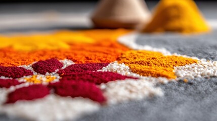 Fototapeta premium Close-up of the delicate arrangement of rice grains in a Diwali rangoli. Artistic detail.
