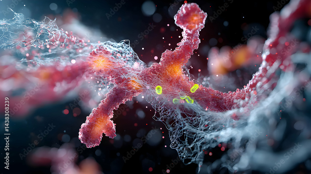 Poster an abstract microscopic view reveals intricate biological structures. could represent cellular proce