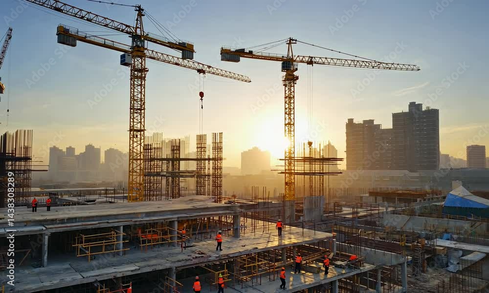 Poster construction site with cranes, scaffolding, and half-built structures, workers in the background wea
