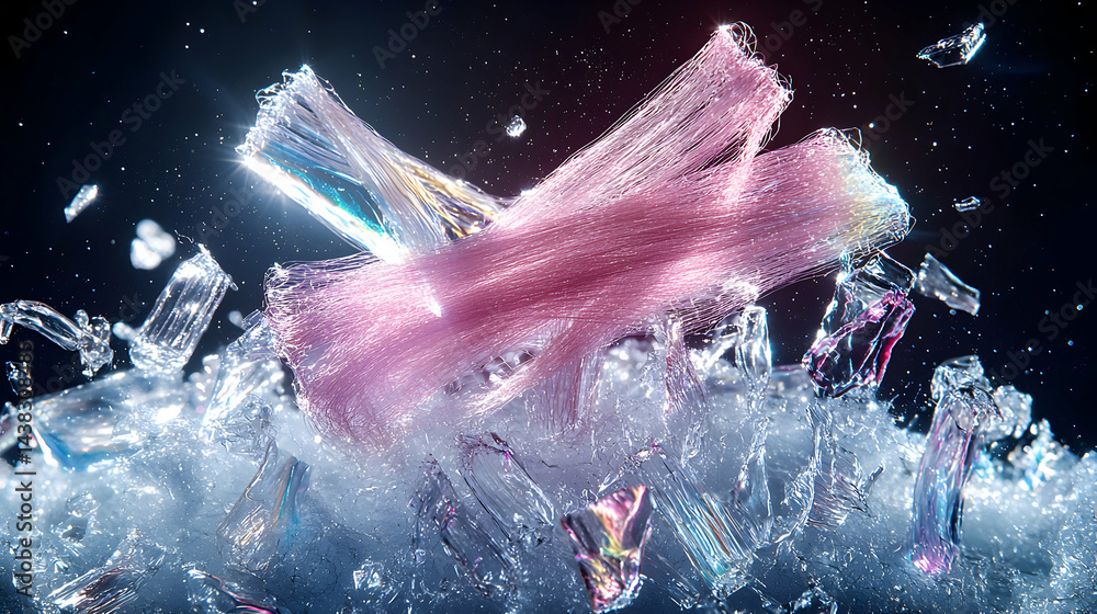 Poster abstract macro photo showing pink fibers crystals and ice. great for science fiction or fantasy conc