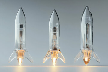 Obraz premium Transparent glass rocket models displayed in various angles showcasing futuristic design and space exploration concept through 3d rendering