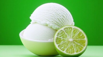 Two scoops of white ice cream with a lime slice