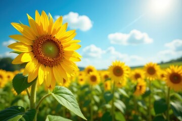 Obraz premium Sunflowers ablaze in summer field Golden blooms, blue sky , bright, vibrant colors
