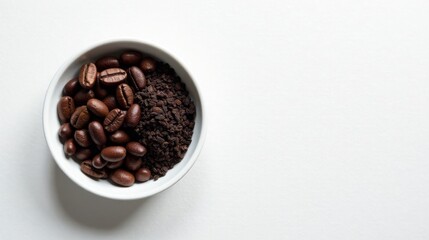 Fototapeta premium Aromatic Coffee Beans and Grounds in a Simple White Bowl
