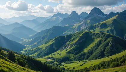 Fototapeta premium Sunlit Green Valley Nestled within Majestic Mountain Peaks