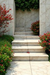 Serene garden pathway with light beige stone steps and vibrant red flowering shrubs