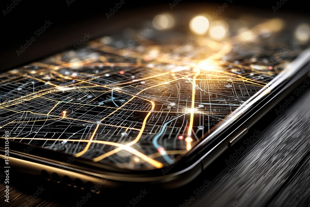 Poster Smartphone Displaying Glowing GPS Map With Route Details in Dark Surroundings During Night Navigation