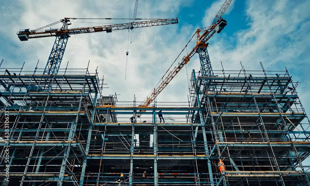 Poster construction site with cranes, scaffolding, and half-built structures, workers in the background wea