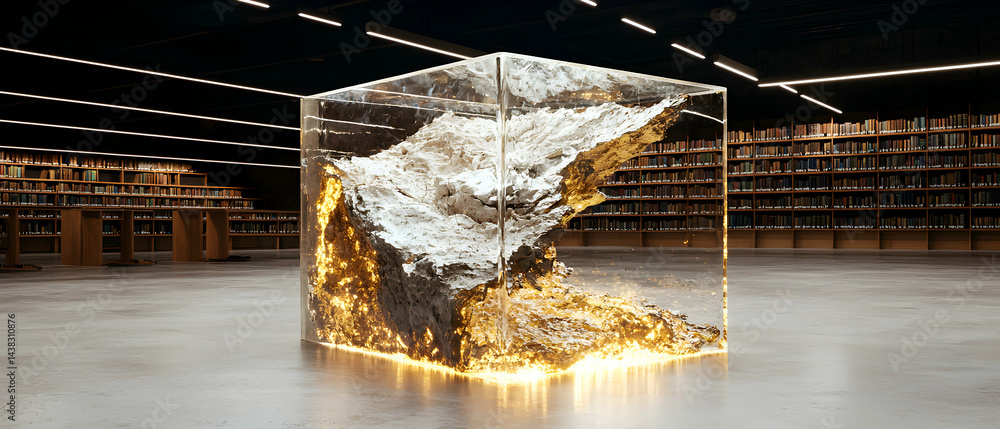 Poster a futuristic library featuring a clear cube containing a fiery rock formation. perfect for design pr