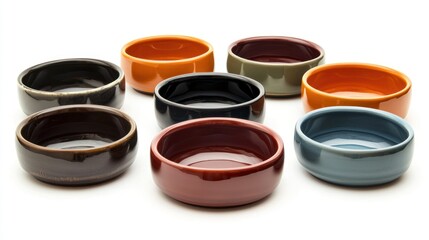 Assorted ceramic pet food bowls with glossy finish in warm colors on white background.
