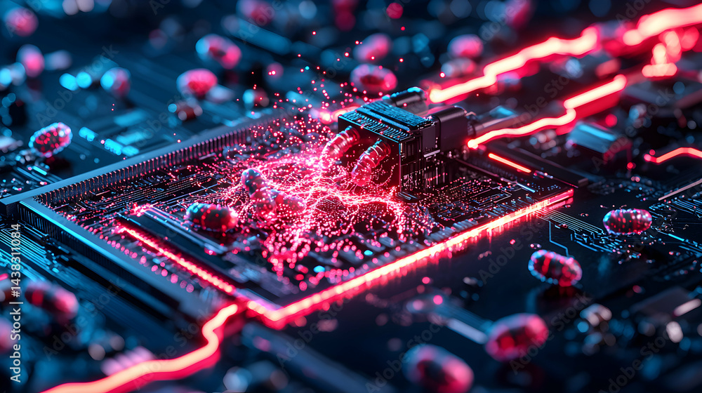 Poster a stunning visual depicting a circuit board with vibrant red and blue lights. use for futuristic tec