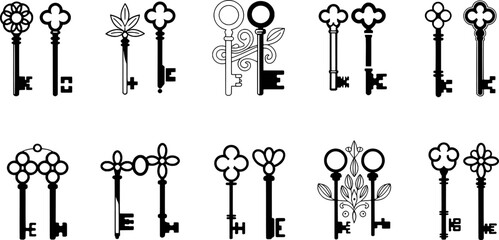Collection of vintage skeleton keys black and white decorative vector graphics