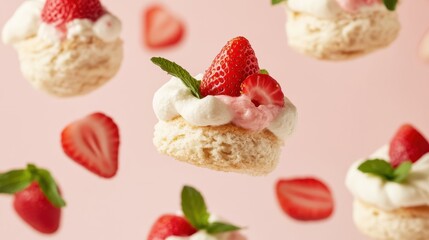 Delicate pastries adorned with strawberries and whipped cream.