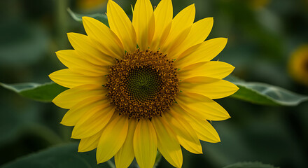 Obraz premium Bright yellow blooming sunflower head with dark brown center and green leaves, set against a soft blurred green background, concept for nature, summer and organic farming promotion