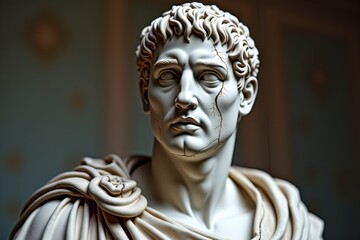 Obraz premium A classical marble bust of a Roman man with intricate details and visible cracks, wearing a toga and set against a soft background.