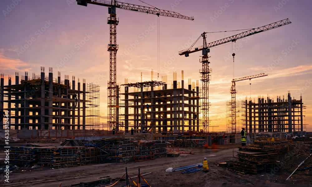 Poster construction site with cranes, scaffolding, and half-built structures, workers in the background wea