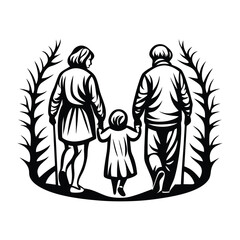 Black & White Silhouette of Elderly Couple Holding Hands With Child In Nature Walk