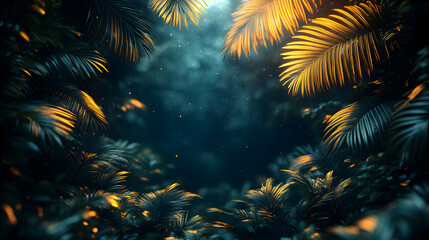 Golden Palm Leaves in a Dark Tropical Forest at Night